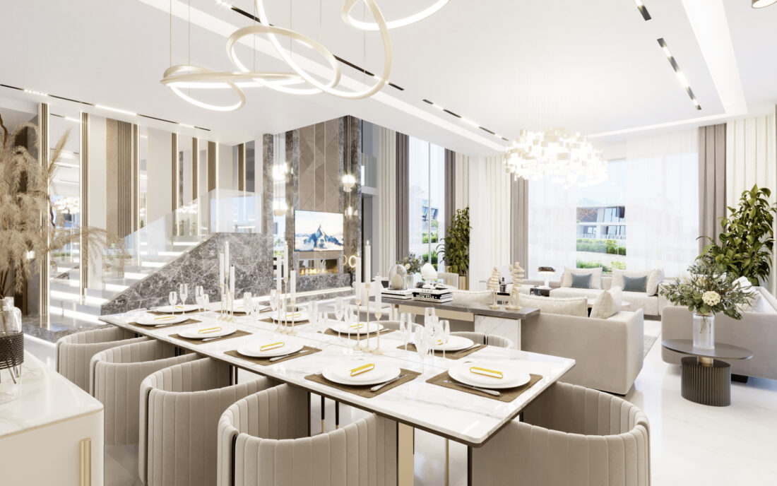 Designed by Sia Moore Architecture, the Emaar Dubai Hills Villa Project features a luxurious, light-filled interior with a seamless dining and living area, statement lighting, and elegant modern details.