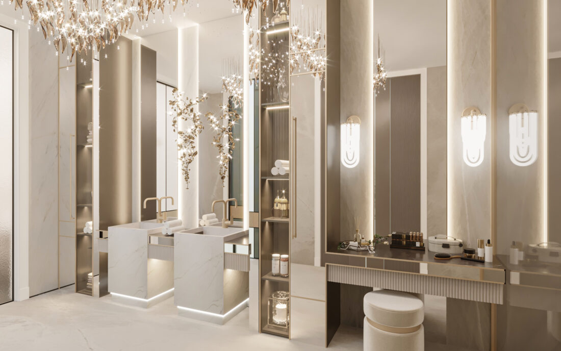 Modern minimalist master bathroom with a double vanity, a freestanding tub, and a luxurious chandelier.