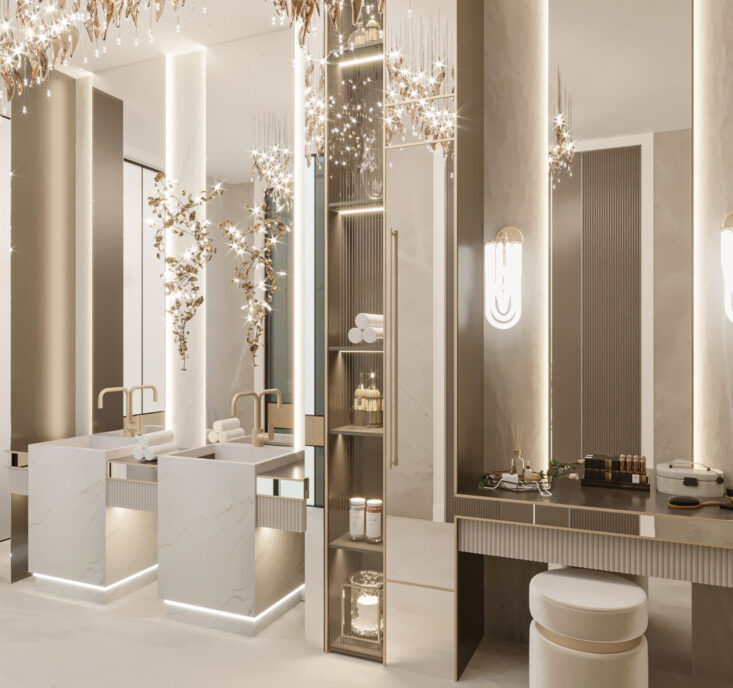 Modern minimalist master bathroom with a double vanity, a freestanding tub, and a luxurious chandelier.