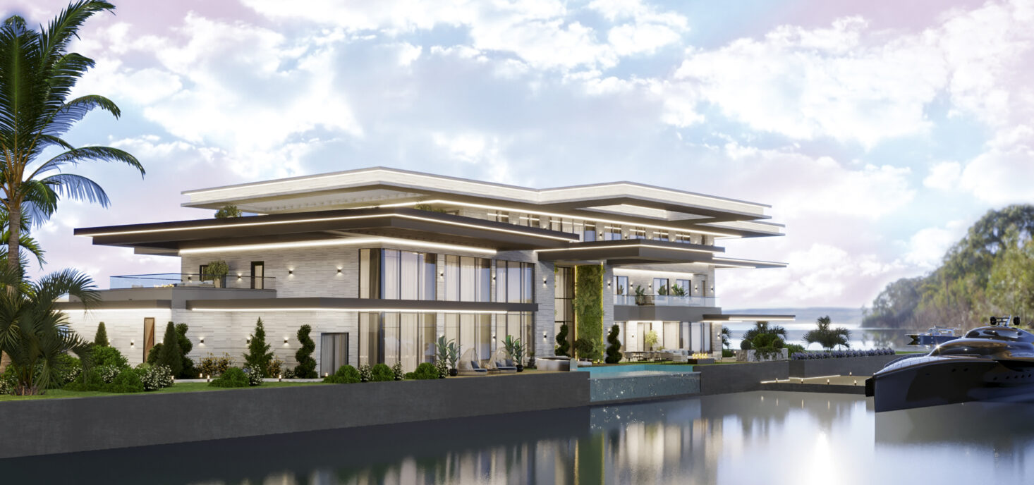 Designed by Sia Moore Architecture, this modern waterfront villa in Geist Lake boasts a sleek, contemporary design with expansive terraces, large glass façades, lush landscaping, and seamless integration with its serene surroundings for a luxurious living experience.